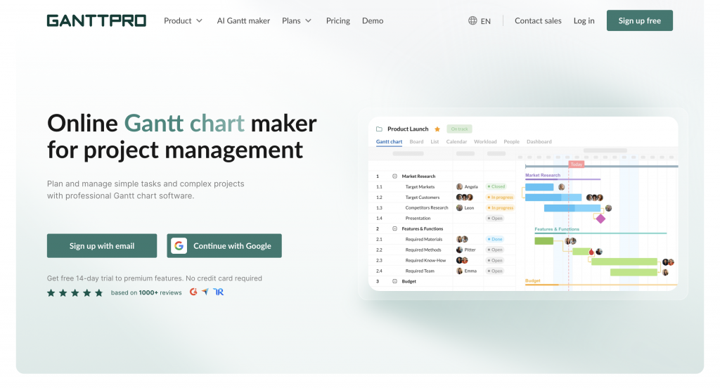 Screenshot of GanttPRO online Gantt chart maker landing page
